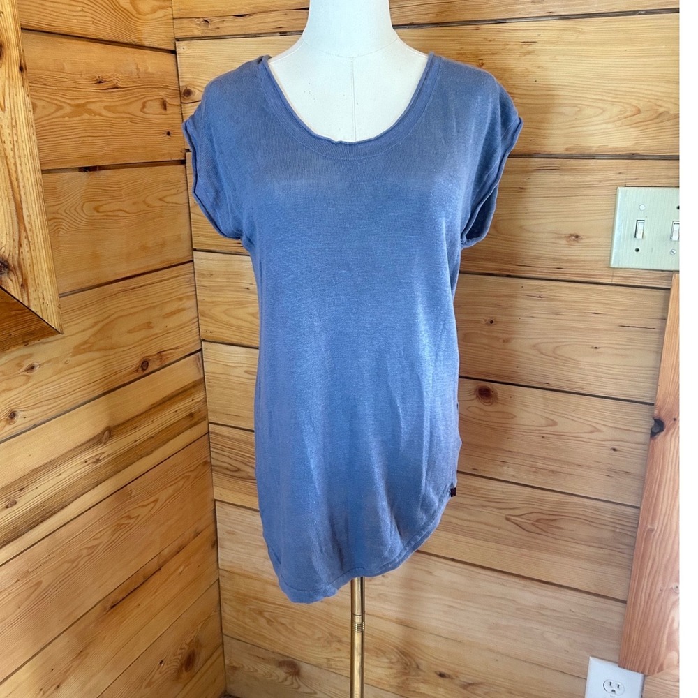 Linen T-Shirt Women Medium Blue Asymmetrical Hem Scoop Neck Monk & Lou Tunic Kni